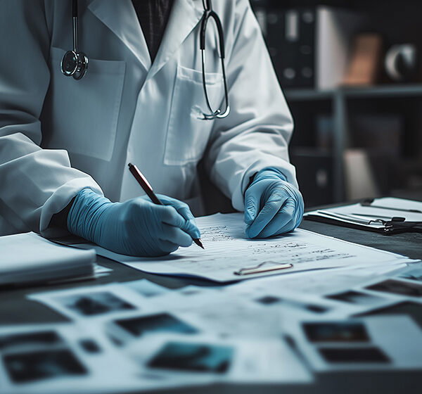 a forensic doctor is writing a case report at a table with many