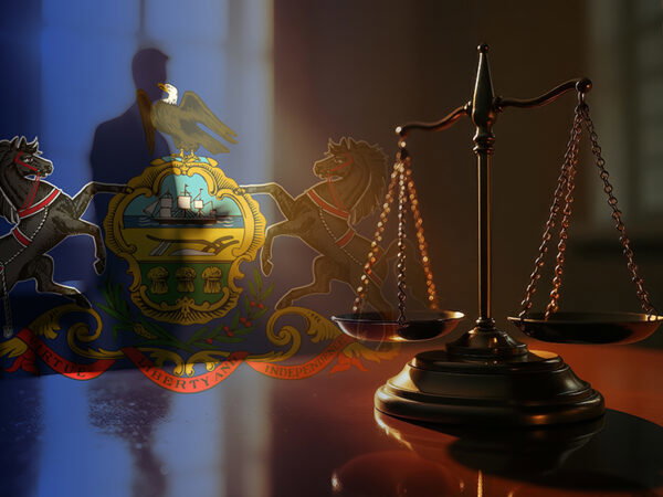 The scales of justice stand in front of the Pennsylvania flag, s