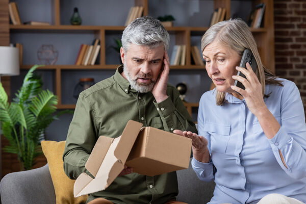 Mature couple experiencing delivery scam with empty package