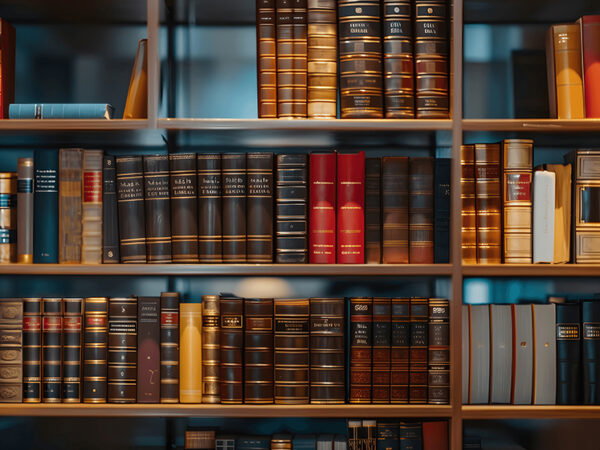 Legal books on civil law on shelf, modern office background