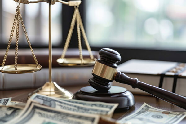 A gavel, scales of justice and law books on the table with cash
